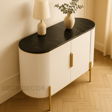 Aria Elegance Side or Console Table – Custom Black or White Marble Top with Fluted White Cabinet Mid‑Century Glam Accent