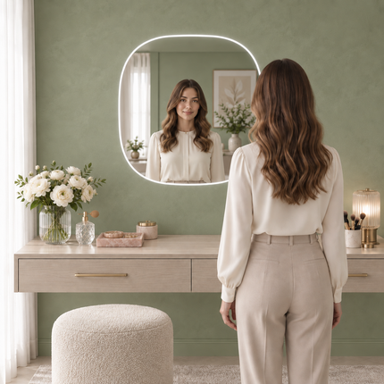 Zuri Rounded Square Frameless LED Wall Hanging Mirror with Front or Back Lit for Bathroom Vanity Dressing Room