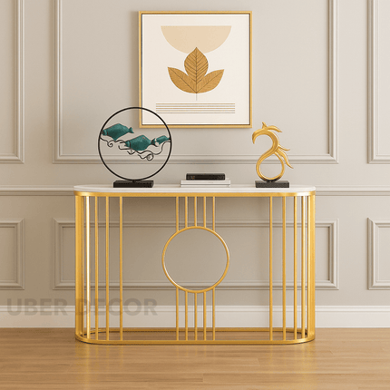 Astraform Console Table – Custom Marble Top with Gold Linear Frame Mid‑Century Modern Entryway Accent