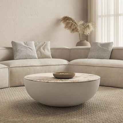 Hooghly Coffee Table, Minimalist Modern Japandi Round Seamless Matte White Low Profile Center Table for Living Room