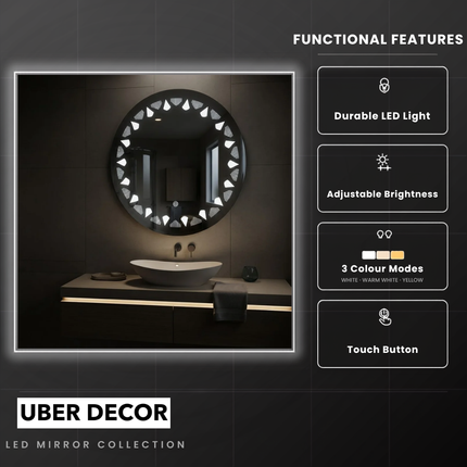 Gleamia Diamond round led mirror frontlit or backlit touch button led frameless bathroom vanity mirror
