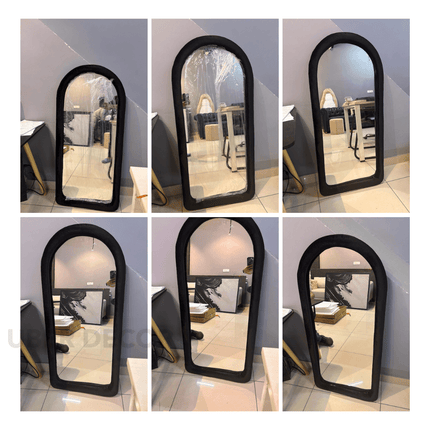SuedeWrap Luxe Arched Full Length Upholstered Standing Mirror for Bedroom with optional LED light