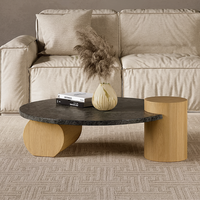 Chenab River Round Coffee Table, Mid Century Modern Minimalist Stone and Wood Center Table for Living Room