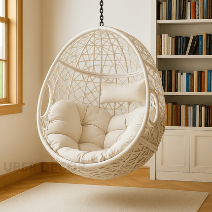 DunePod Cocoon Swing Chair – Organic Weave Comfort | Japandi Calm Aesthetic | Scandinavian Inspired | Balcony & Living Room Swing Chair for Gardens, Patios, Studies & Terraces