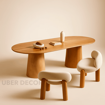 Orla Haven Oval 6 Seater Dining Table Japandi Scandinavian Design Walnut Finish Sculptural Pedestal Base Ideal for Dining Room - Uber Decor