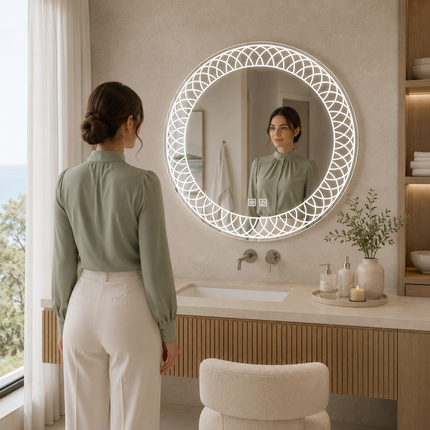 Mandala Round Frameless Front or Backlit Mirror with LED Lights- Touch Sensor Mirror for Bathroom and Bedroom