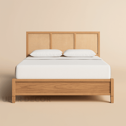 AshAura Scandinavian Contemporary Rattan Platform Customisable Bed for Minimalist Bedrooms