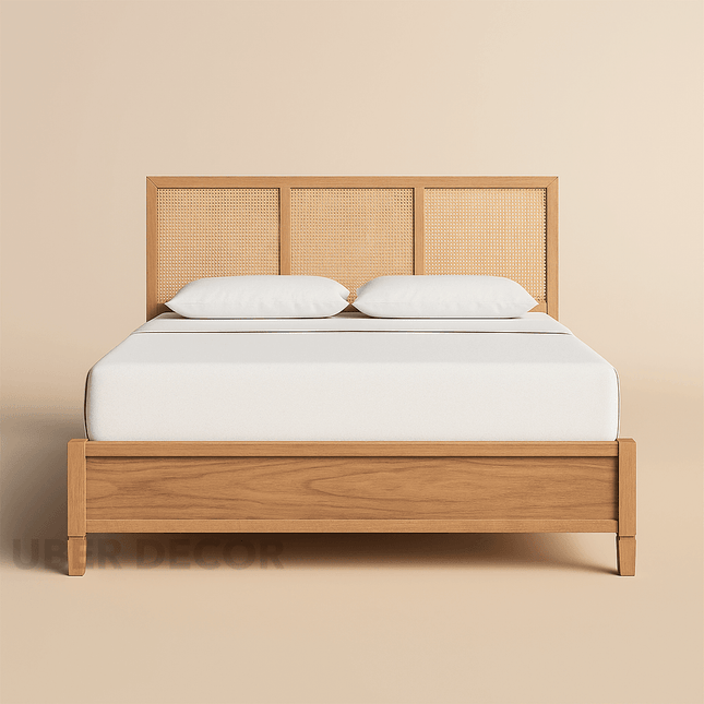 AshAura Scandinavian Contemporary Rattan Platform Customisable Bed for Minimalist Bedrooms
