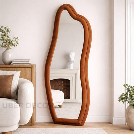 Whimsical Wave Upholstered Full Length Bedroom Mirror- Modern Wavy Irregular Arched Mirror