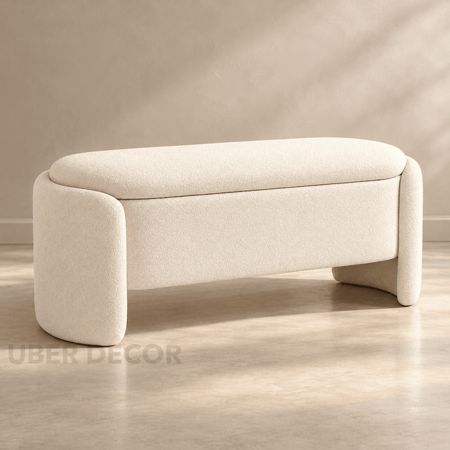 Isla Oval Storage Bench with Sculptural Curved Sides Modern Minimalist Organizer for Hallways, Bedrooms & Compact Living Spaces