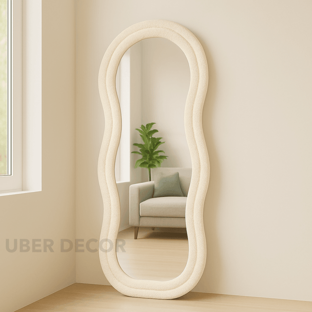 Velvet Wave Irregular Wall Mirror - Upholstered Suede Velvet Frame, Asymmetric Full-Length Body Mirror for Modern Home Decor - Uber Decor