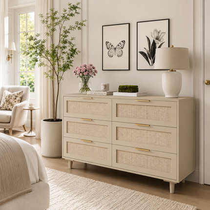 Bayshore 6-Drawer Scandinavian Rattan Front Solid Wood Cabinet with Natural Polish & Custom Finish Options for Bedroom, Living Room & Entryway