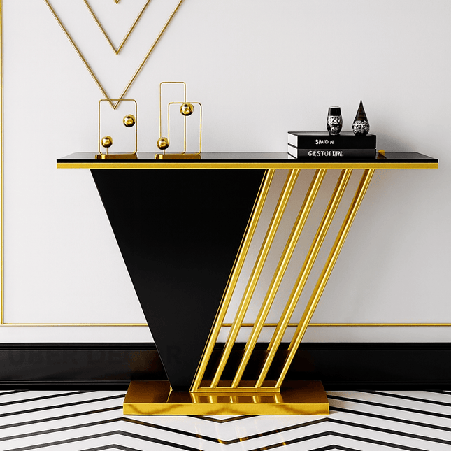 Vestra V-Form Art Deco Console Table – Mid-Century Modern Inspired Statement Display in Black & Gold for Entryway or Living Room