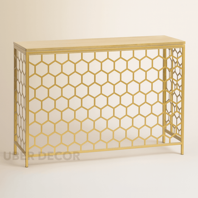 Honeycomb Luxe Entryway Console – Custom Top in Wood or Marble with Hexagonal Metal Frame Mid‑Century Glam Accent