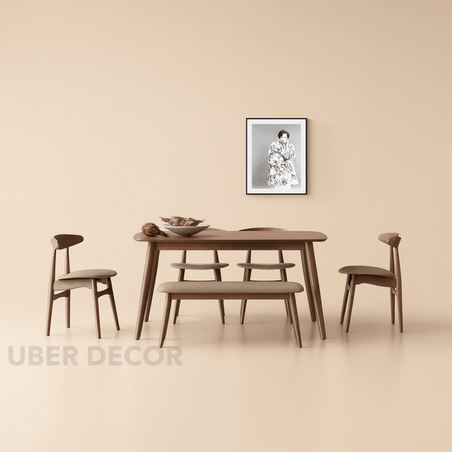 Oakline Minimalist Mid-Century Modern Wooden Dining Table Set with Chairs and Bench for Kitchen Dining Area