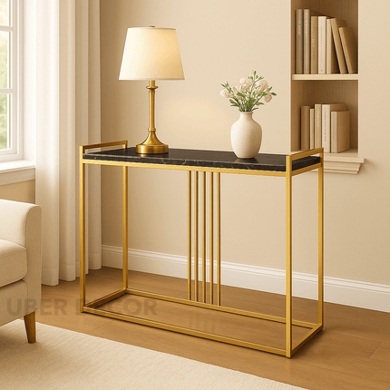Stratus Slim Console Table – Custom Marble Top in Black or White with Vertical Accent Detailing