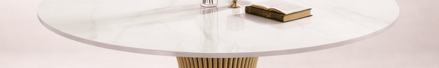 Virex Dining Table Sculptural Fluted Pedestal Design Mid Century Modern European Inspired Marble Top Dining Table with Metal Base for Dining Room