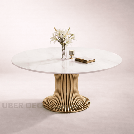 Virex Dining Table Sculptural Fluted Pedestal Design Mid Century Modern European Inspired Marble Top Dining Table with Metal Base for Dining Room