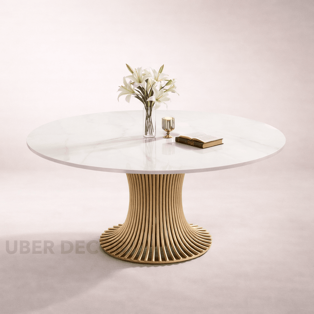 Virex Dining Table Sculptural Fluted Pedestal Design Mid Century Modern European Inspired Marble Top Dining Table with Metal Base for Dining Room