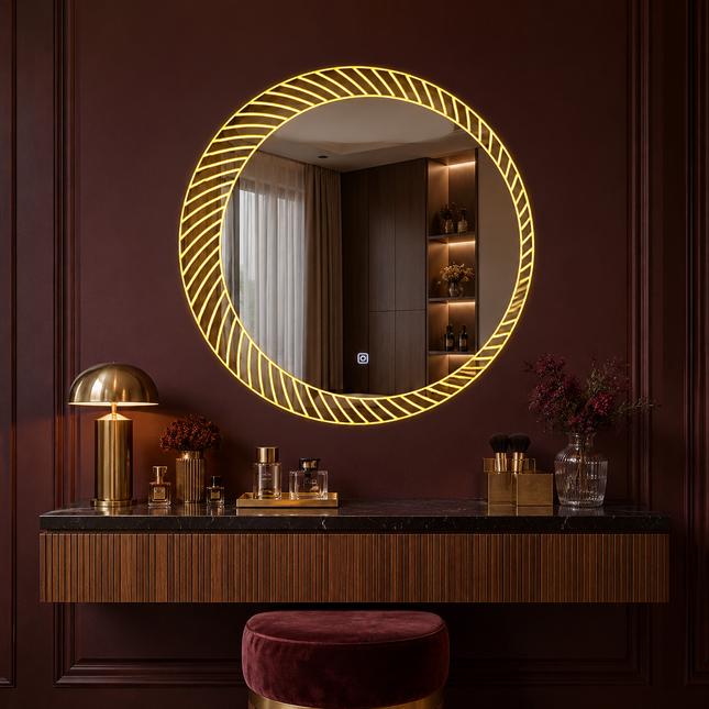 Sunburst Round Frameless Front or Backlit LED Mirror- Touch Sensor Mirror for Bathroom and Bedroom