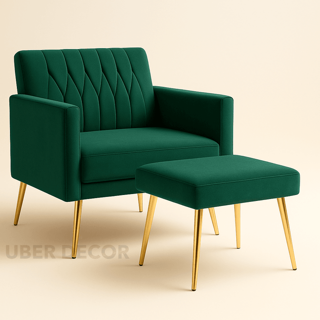 Selina- Modern Velvet Single Sofa Chair with Ottoman- Upholstered Tufted Lounge Accent Living Room Chair