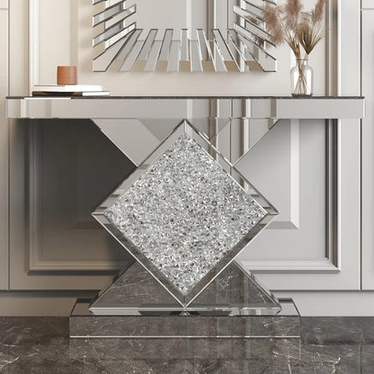 Cosmos Clarity- Modern Luxury Crystal Diamond Glass Mirrored Console Table For Living Room