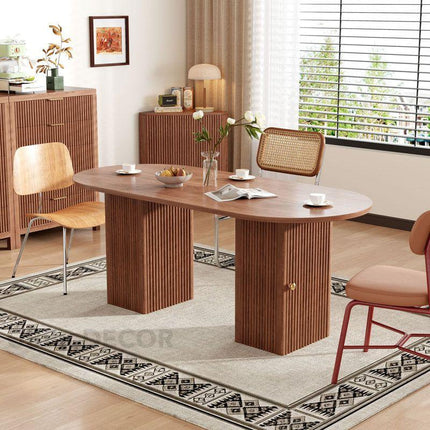 Vera Flute Oval 6 Seater Dining Table Mid Century European Design Walnut Finish Dual Fluted Pedestal Base Ideal for Dining Room - Uber Decor