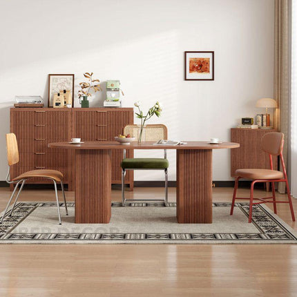 Vera Flute Oval 6 Seater Dining Table Mid Century European Design Walnut Finish Dual Fluted Pedestal Base Ideal for Dining Room - Uber Decor