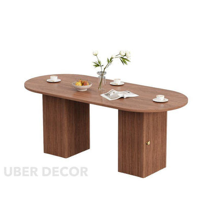 Vera Flute Oval 6 Seater Dining Table Mid Century European Design Walnut Finish Dual Fluted Pedestal Base Ideal for Dining Room - Uber Decor