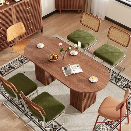 Vera Flute Oval 6 Seater Dining Table Mid Century European Design Walnut Finish Dual Fluted Pedestal Base Ideal for Dining Room - Uber Decor