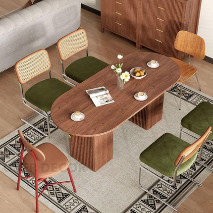 Vera Flute Oval 6 Seater Dining Table Mid Century European Design Walnut Finish Dual Fluted Pedestal Base Ideal for Dining Room - Uber Decor
