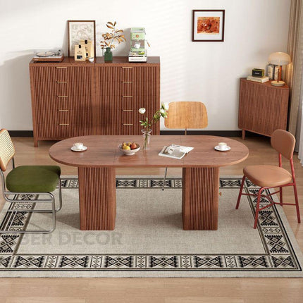 Vera Flute Oval 6 Seater Dining Table Mid Century European Design Walnut Finish Dual Fluted Pedestal Base Ideal for Dining Room - Uber Decor