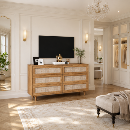 Bayshore 6-Drawer Scandinavian Rattan Front Solid Wood Cabinet with Natural Polish & Custom Finish Options for Bedroom, Living Room & Entryway