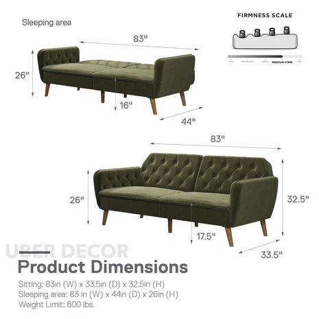 Santiago 83" Futon Sofa- Tufted Laid Back Convertible Futon Couch Bed for Small Spaces, Home or Office - Uber Decor