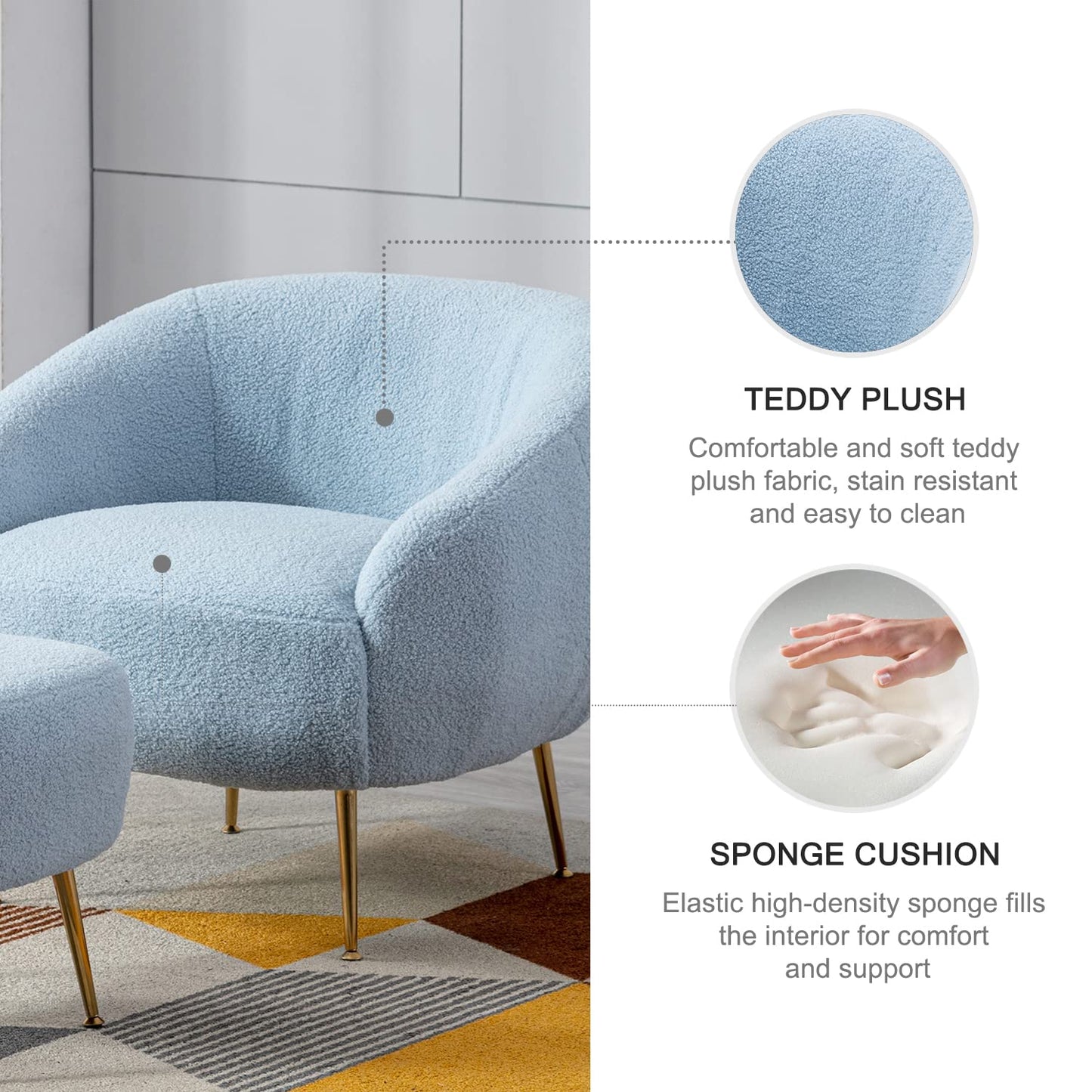 Aurora Upholstered Boucle Chair with Ottoman - Modern Furniture for Living Room, Bedroom and Foyer