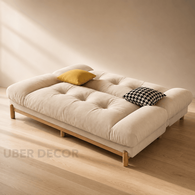 Kandy Japandi Tufted Futon Sofa Bed – Fold-Down Backrest Lounger