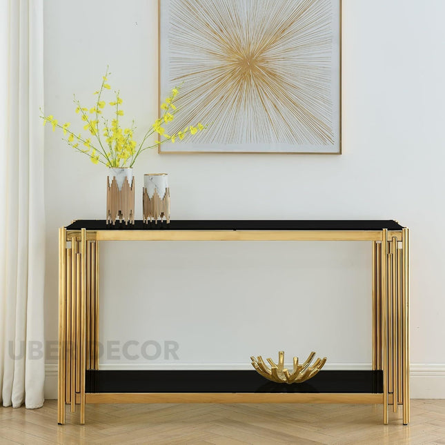 VerreLine Mid-Century Modern Console Table – Dual Glass Tier Display with Sculptural Gold Base for Living Room or Hallway