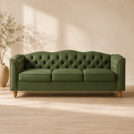Madrid 78" Sofa -3 Seater Modern Large Upholstered Couch with Tufted Button Curved Back Rest & Wooden Legs