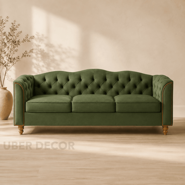 Madrid 78" Sofa -3 Seater Modern Large Upholstered Couch with Tufted Button Curved Back Rest & Wooden Legs