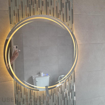 Artistic Swirl Round Shaped Mirror with LED Lights- Touch Sensor Mirror for Bathroom and Bedroom