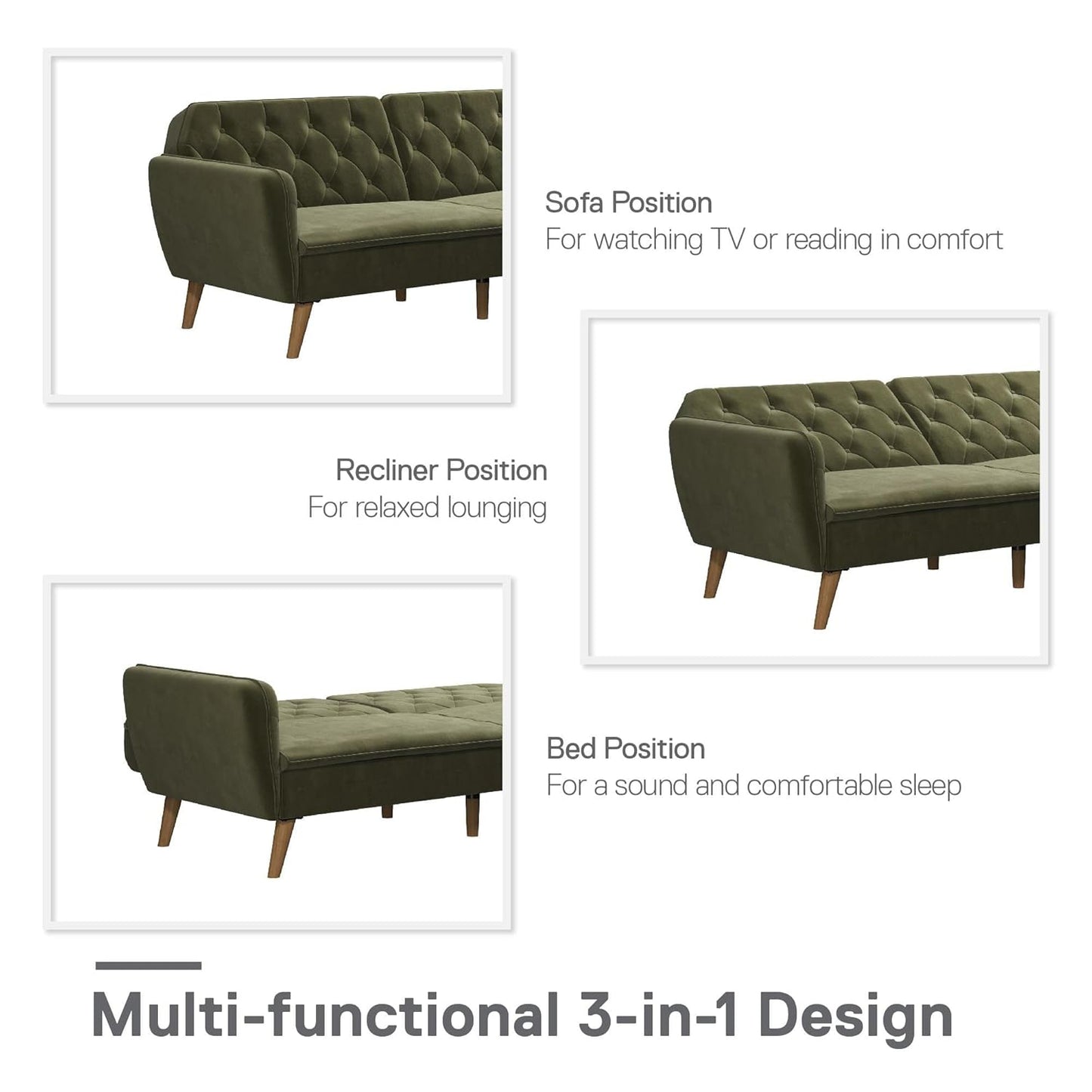 Santiago 83" Futon Sofa- Tufted Laid Back Convertible Futon Couch Bed for Small Spaces, Home or Office