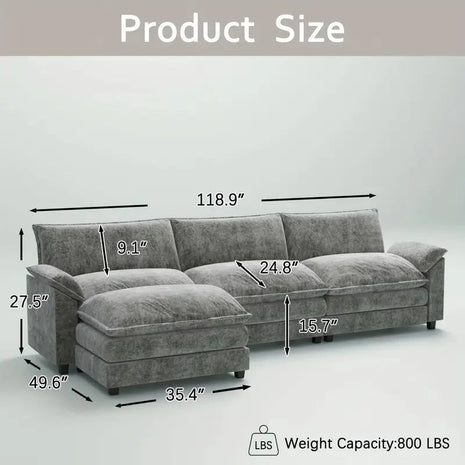Manila 119" L-Shaped Sofa- 3 Seater Sectional Sofa with Reversible Toffee Chair & Movable Footrest - Uber Decor