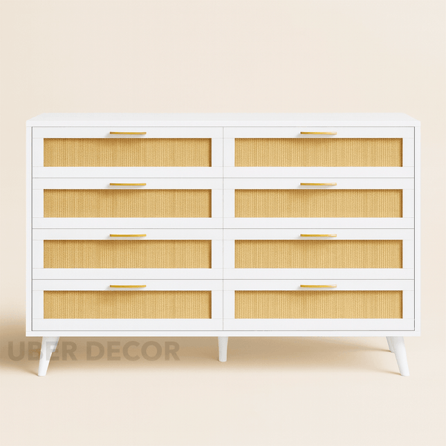 Sole Rattan Modern Coastal Solid Wood Chest of Drawers 8-Drawer Storage – Ideal for Bedroom, Living Room & Entryway