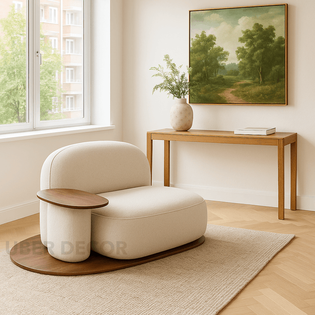 Orbitra Lounge Chair Minimalist Modern Accent with Sculptural Platform Base and Functional Surface Statement Seating for Living Room and Bedroom Interiors