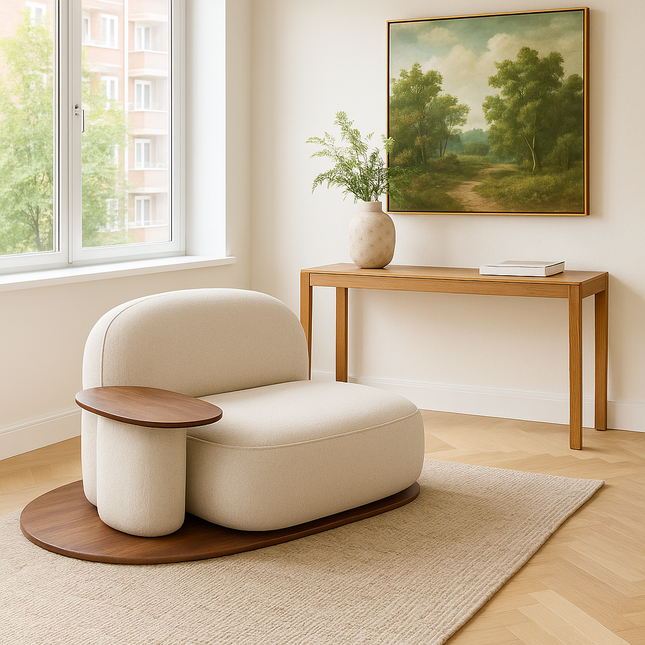 Orbitra Lounge Chair Minimalist Modern Accent with Sculptural Platform Base and Functional Surface Statement Seating for Living Room and Bedroom Interiors