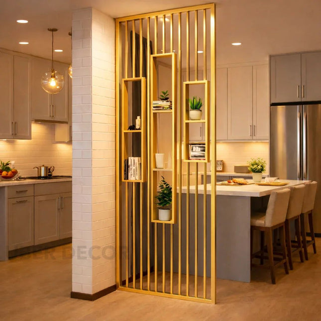 ELION Stainless Steel Vertical Slat Room Partition Divider With Open Display Shelves For Living Room And Home Office