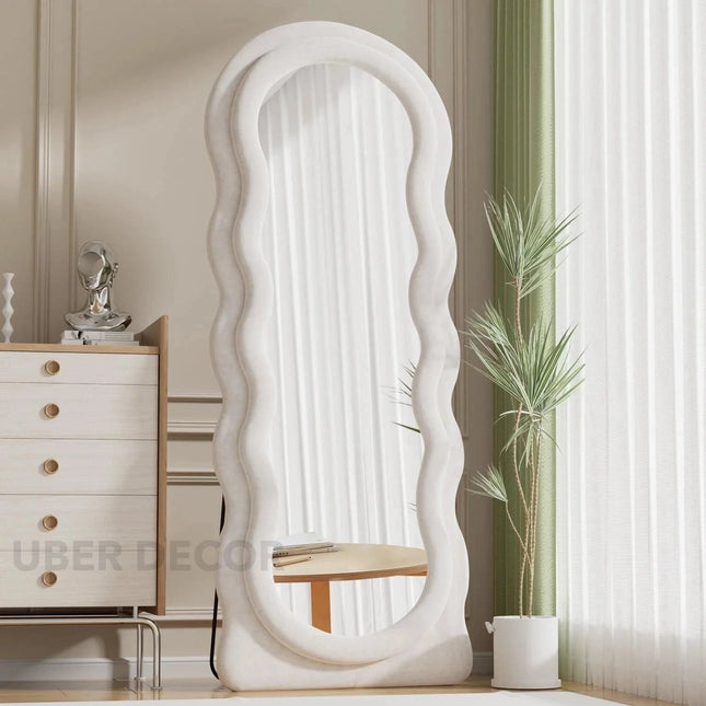 Wavy Symphony Upholstered Full-Length Bedroom Mirror- Modern Wavy Irregular Arched Mirror