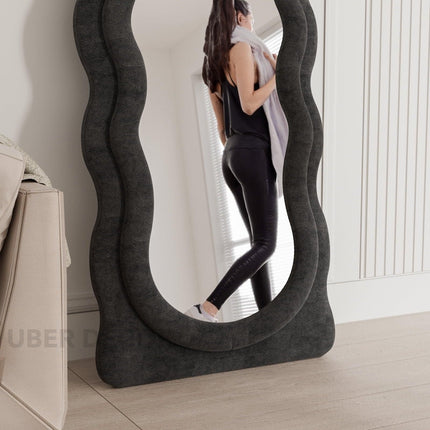 Wavy Symphony Upholstered Full-Length Bedroom Mirror- Modern Wavy Irregular Arched Mirror