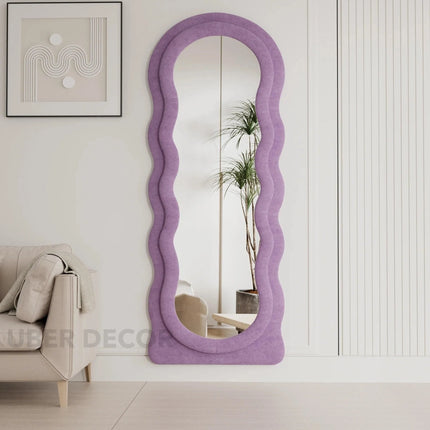 Wavy Symphony Upholstered Full-Length Bedroom Mirror- Modern Wavy Irregular Arched Mirror