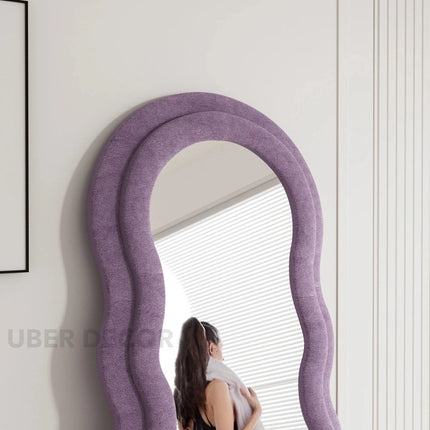 Wavy Symphony Upholstered Full-Length Bedroom Mirror- Modern Wavy Irregular Arched Mirror